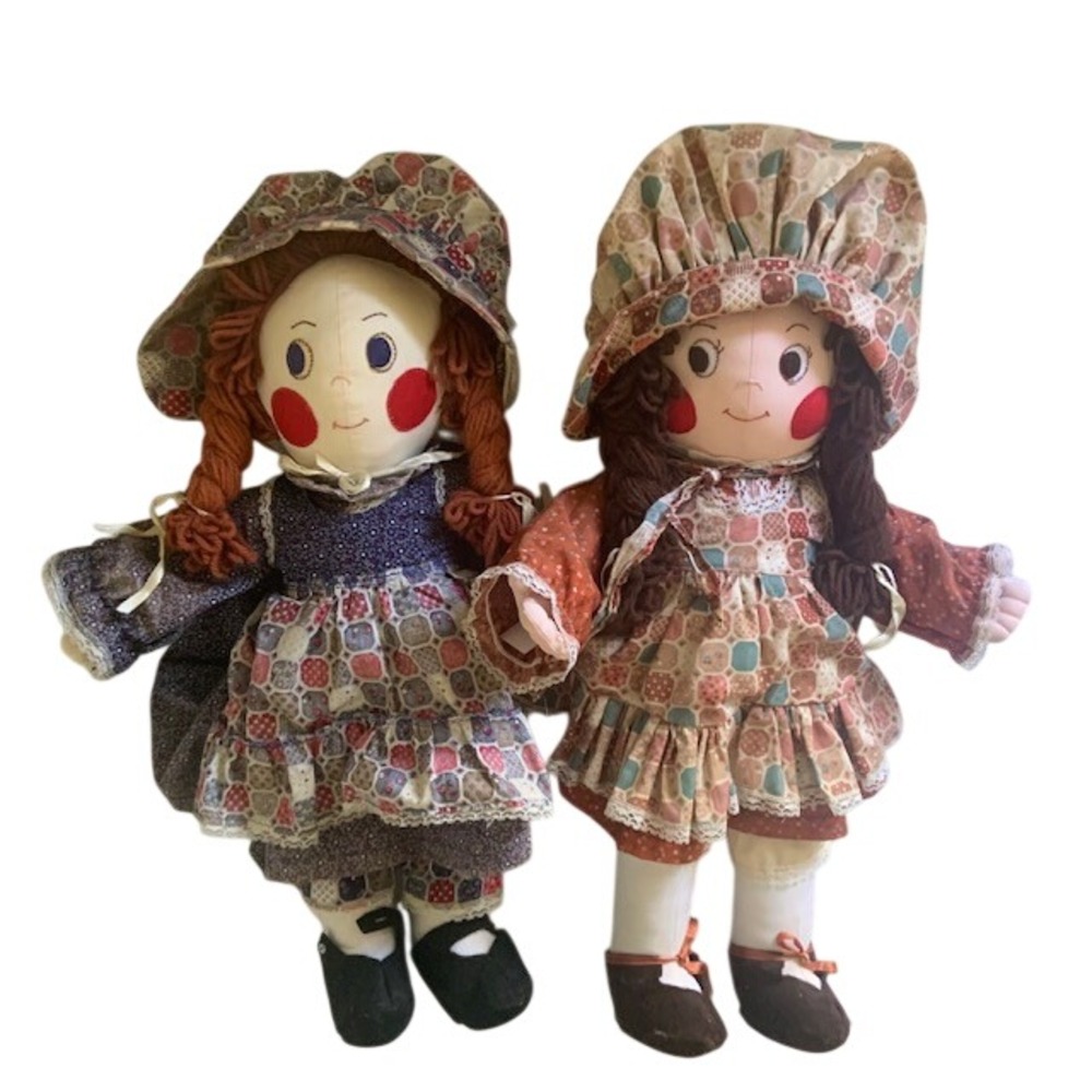 Vintage 22" Handmade Rag Doll Set Sister Best Friends Folk Art Cottagecore Decor